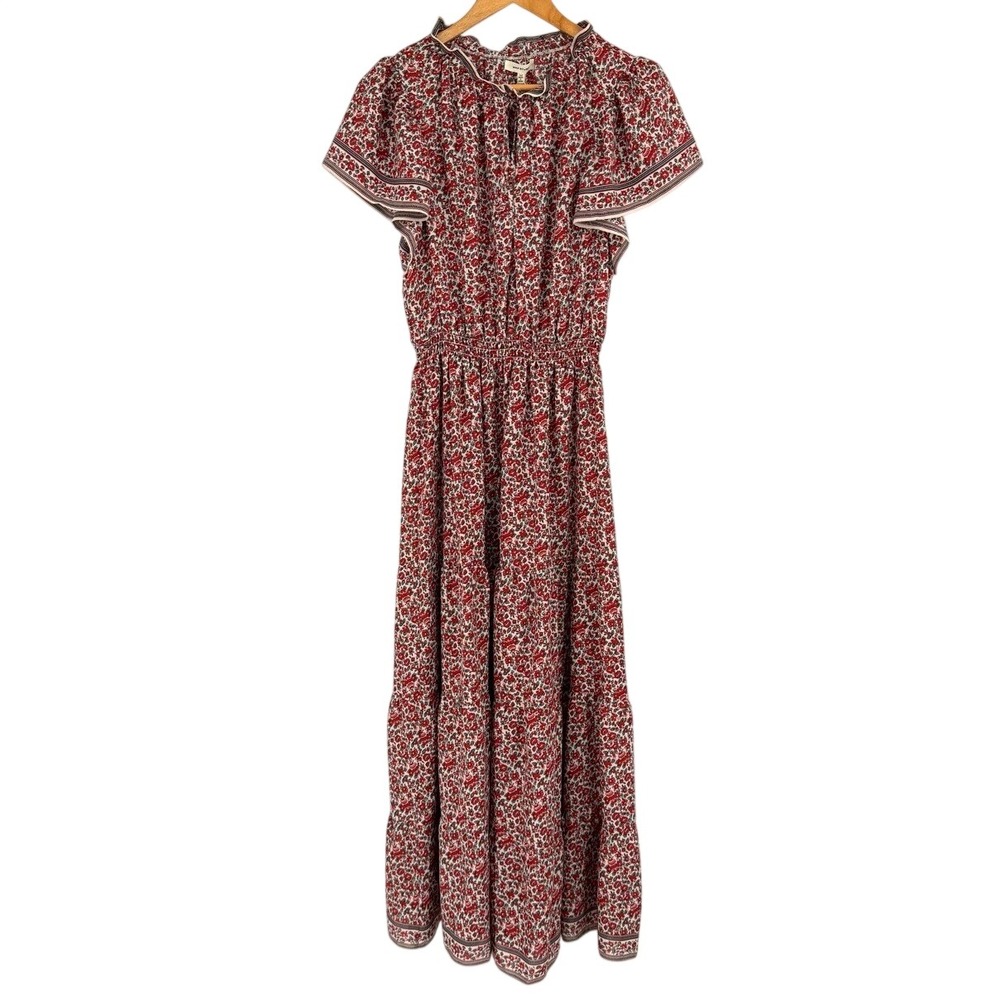 Max Studio Womens Medium Maxi Dress Red Floral Flutter Sleeve Smocked Waist NEW